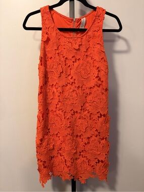 Allison Joy Orange Lace Appliqué Mini Dress Sleeveless Floral Textured S